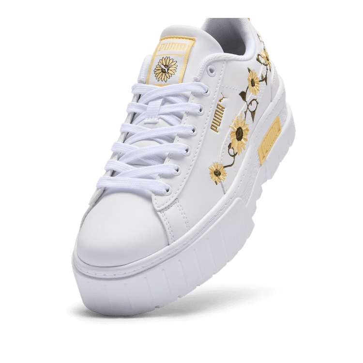 PUMA Mayze Sunflower Embroidery Sneakers in White/Chocolate