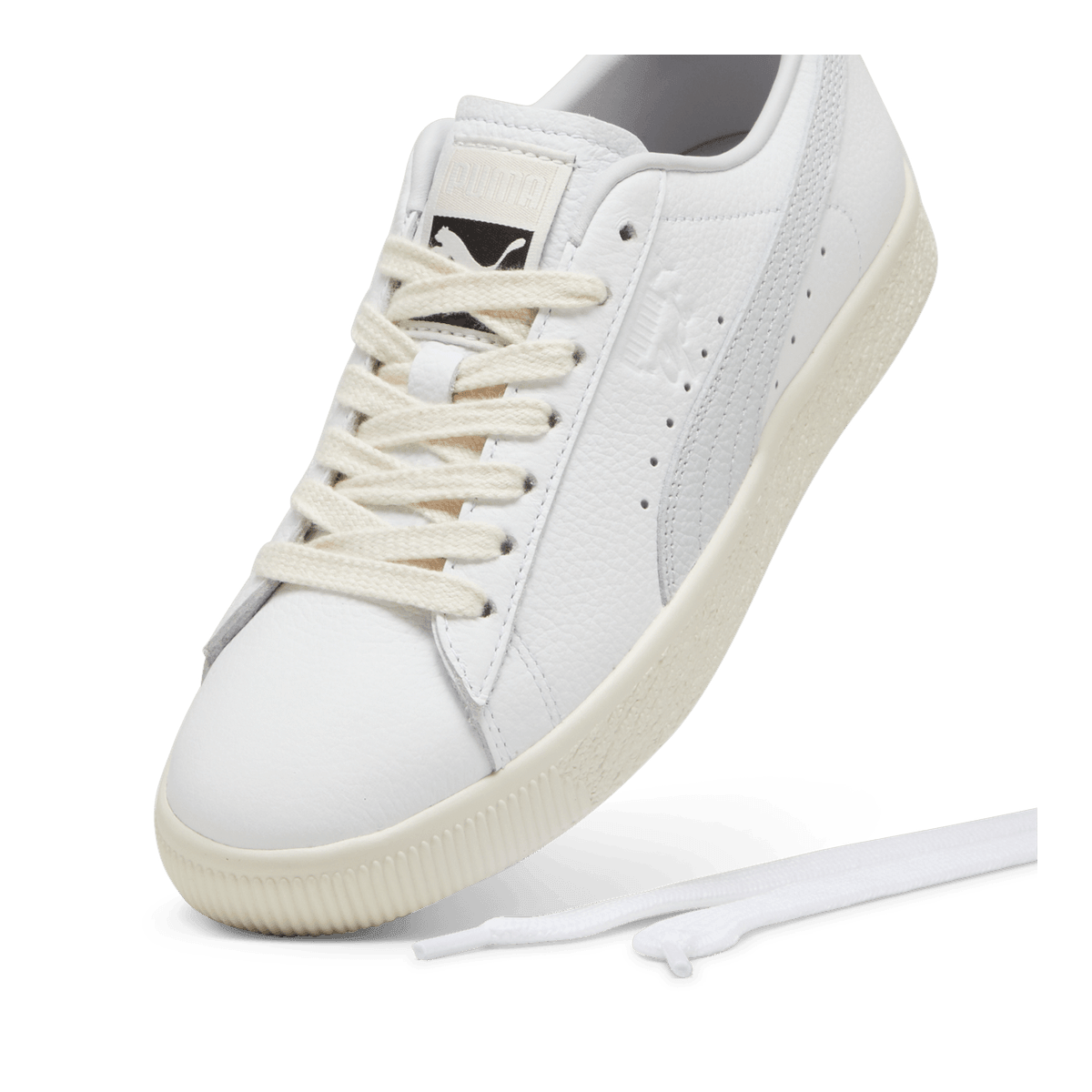 PUMA Clyde Leather Sneakers in White/Silver Mist/Frosted 
